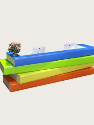 Custom colorful book stack shaped L shape multi workstation reception desk for kindergarten children education center Lexio Display