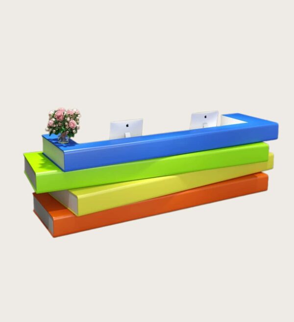 Custom colorful book stack shaped L shape multi workstation reception desk for kindergarten children education center Lexio Display