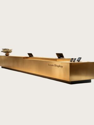Custom Long Brushed Gold Tiered Step Reception Desk | Multi-level Lobby Counter for Hotel & Luxury Retail