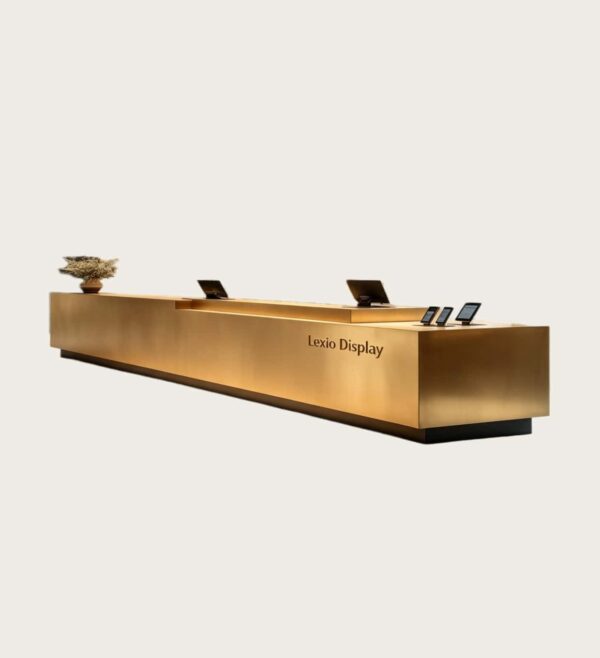 Custom Long Brushed Gold Tiered Step Reception Desk | Multi-level Lobby Counter for Hotel & Luxury Retail