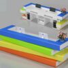Custom colorful book stack shaped L shape multi workstation reception desk for kindergarten children education center Lexio Display