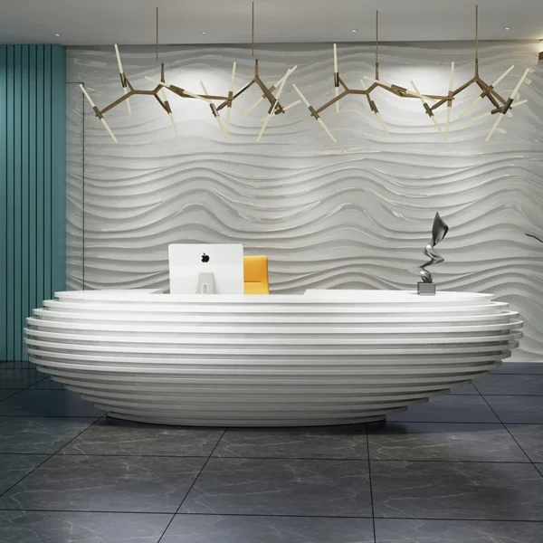 White layered slatted wave curved artistic reception desk Lexio Display luxury multi workstation front desk for corporate office lobby hotel salon