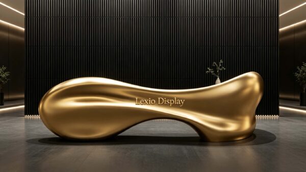 reception desk (8) Custom organic fluid curved sculptural gold reception desk smooth luxury lobby counter Lexio Display