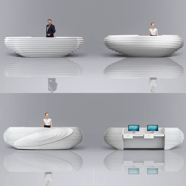 White layered slatted wave curved artistic reception desk Lexio Display luxury multi workstation front desk for corporate office lobby hotel salon