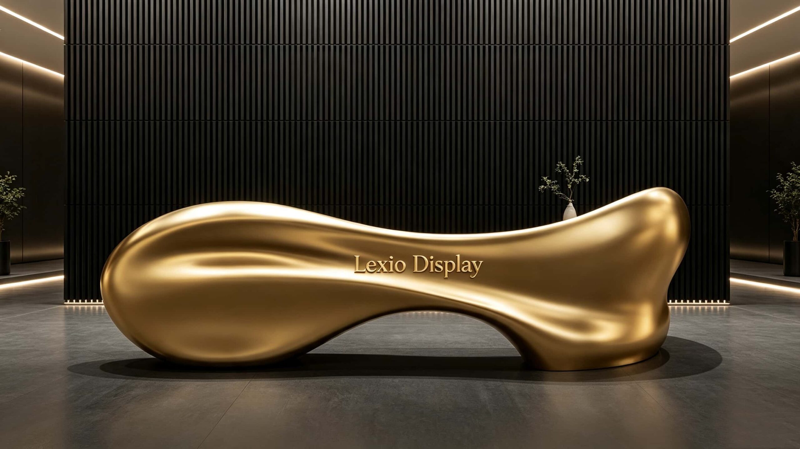 Custom organic fluid curved sculptural gold reception desk smooth luxury lobby counter Lexio Display