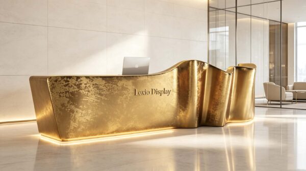 reception desk (9) Custom Wavy Gold Leaf Reception Desk | Luxury Curved Irregular Front Counter for Boutique & Office Lobby