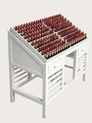 retail display stand (1) Slanted grid lipstick display table with drawers wooden cosmetic organizer stand Lexio Display for makeup boutique beauty salon retail