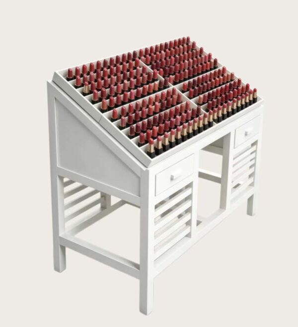 Slanted grid lipstick display table with drawers wooden cosmetic organizer stand Lexio Display for makeup boutique beauty salon retail