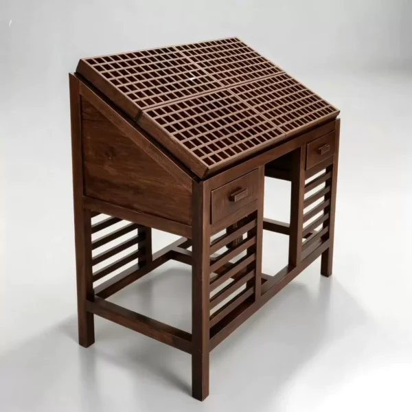 Slanted grid lipstick display table with drawers wooden cosmetic organizer stand Lexio Display for makeup boutique beauty salon retail