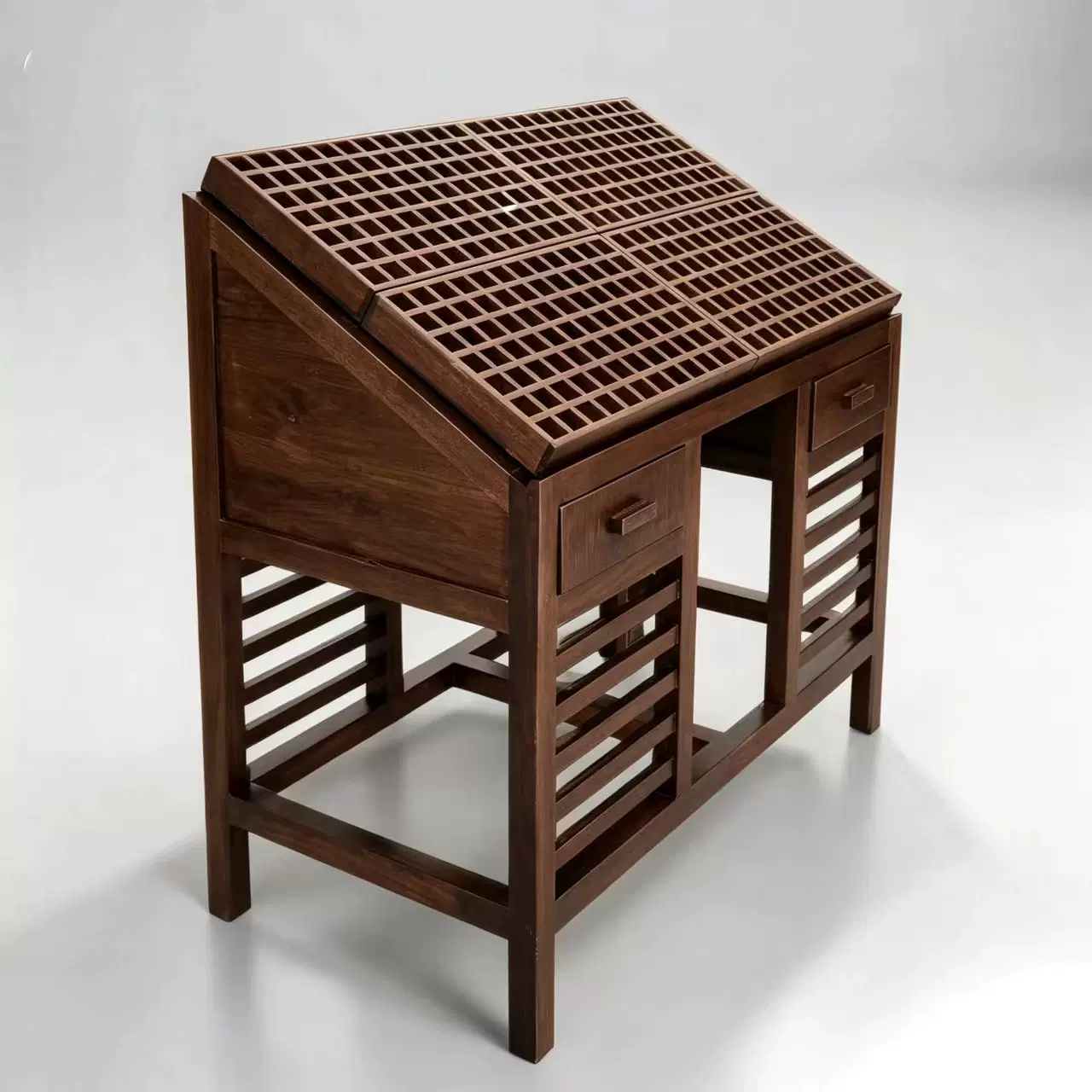 Slanted grid lipstick display table with drawers wooden cosmetic organizer stand Lexio Display for makeup boutique beauty salon retail