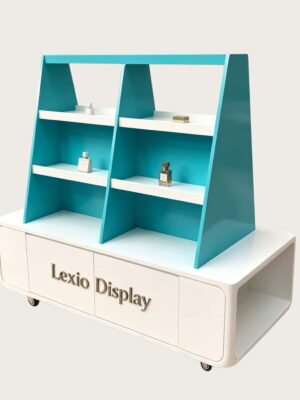 retail display stand (18) Mobile teal white trapezoidal multi-tier retail display cart with storage cabinet and caster wheels Lexio Display for cosmetic perfume boutique mall pop-up