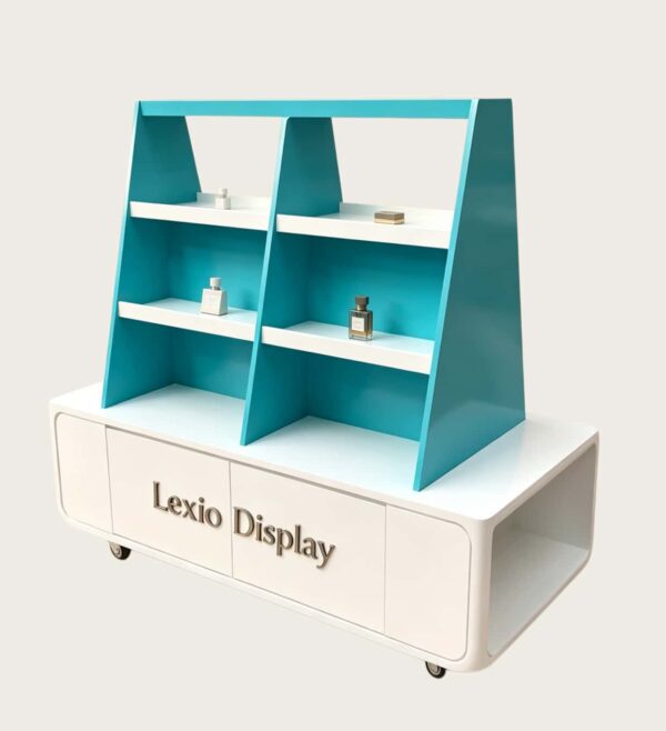 Mobile teal white trapezoidal multi-tier retail display cart with storage cabinet and caster wheels Lexio Display for cosmetic perfume boutique mall pop-up