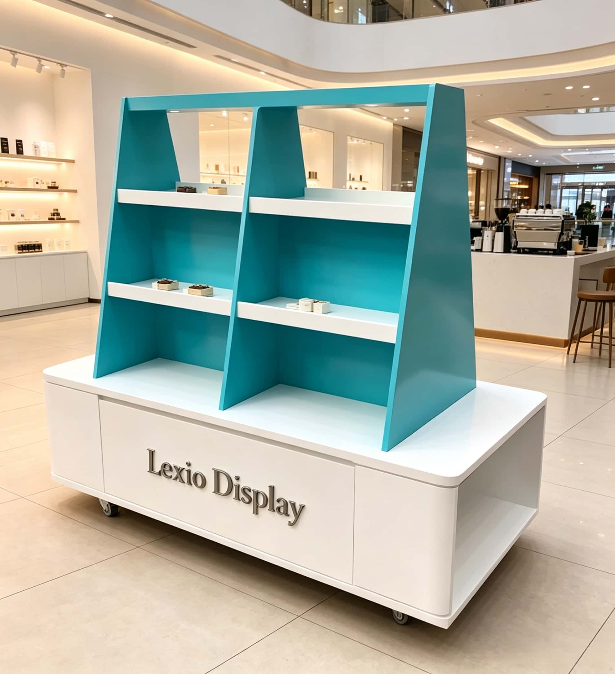 Mobile teal white trapezoidal multi-tier retail display cart with storage cabinet and caster wheels Lexio Display for cosmetic perfume boutique mall pop-up
