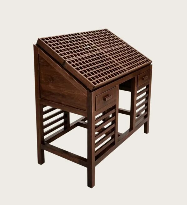 Slanted grid lipstick display table with drawers wooden cosmetic organizer stand Lexio Display for makeup boutique beauty salon retail