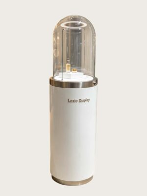 retail display stand Luxury white cylindrical pedestal display stand with dome clear glass cover and built-in LED light, Lexio Display for perfume, jewellery and high-end cosmetic boutique