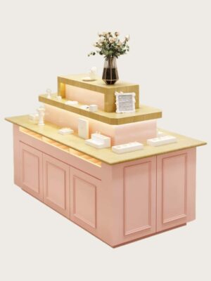 retail display stand (4) Tiered wooden top pink white jewelry island display counter with LED light Lexio Display retail showcase for jewelry boutique clothing store