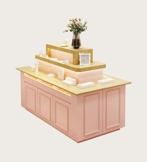 Tiered wooden top pink white jewelry island display counter with LED light Lexio Display retail showcase for jewelry boutique clothing store