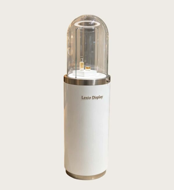 retail display stand Luxury white cylindrical pedestal display stand with dome clear glass cover and built-in LED light, Lexio Display for perfume, jewellery and high-end cosmetic boutique
