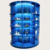 retail display stands (1) Glossy blue cylindrical grid display cabinet with multi-tier curved shelves and built-in LED lighting Lexio Display for café beverage mall retail showcase