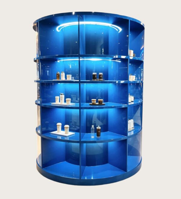 retail display stands (1) Glossy blue cylindrical grid display cabinet with multi-tier curved shelves and built-in LED lighting Lexio Display for café beverage mall retail showcase
