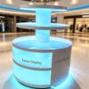 retail display stands (10) Round three-tier LED lighted retail island display stand white glossy with glowing base shelves Lexio Display for shopping mall cosmetics and electronics promotion