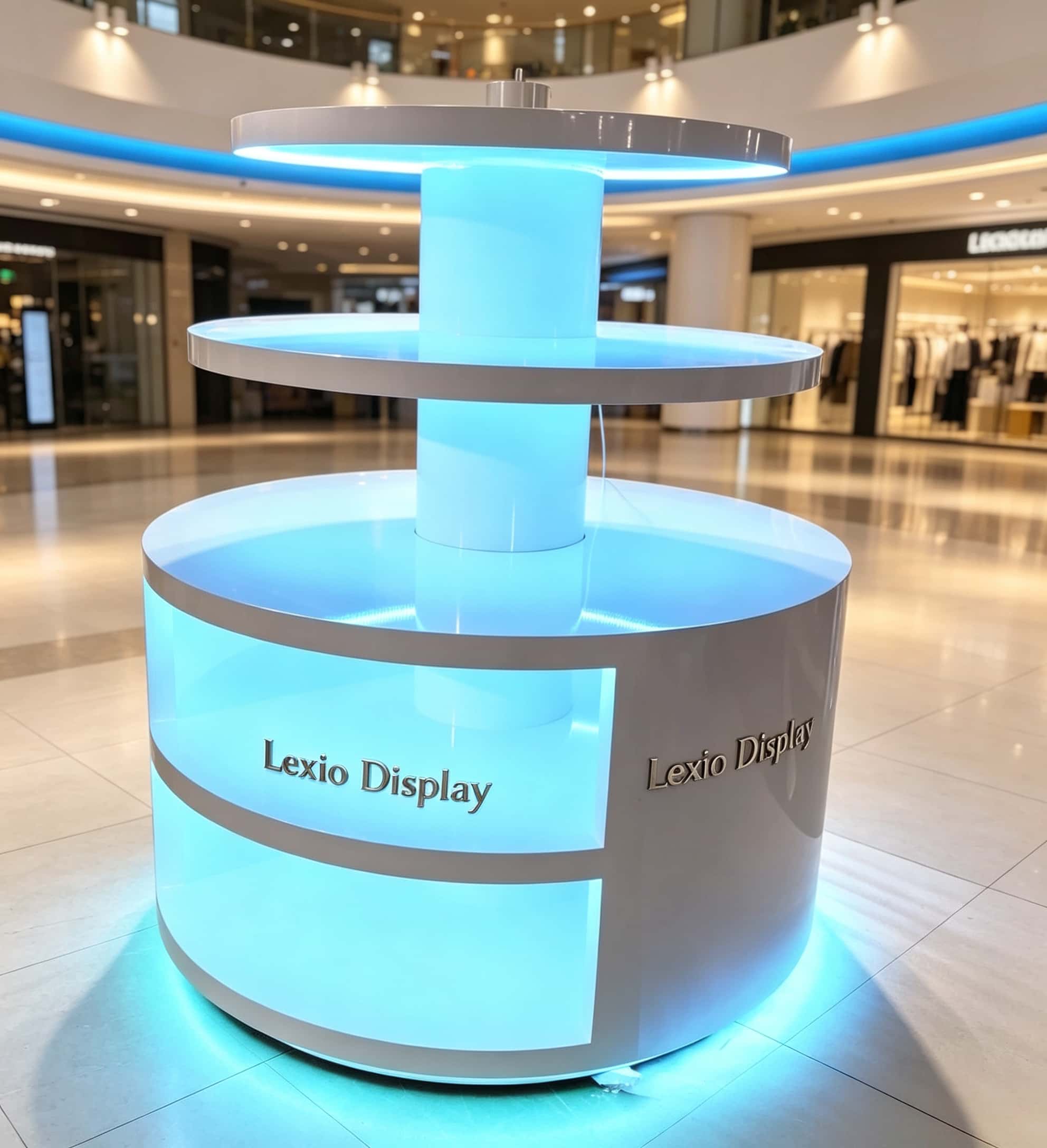 Round three-tier LED lighted retail island display stand white glossy with glowing base shelves Lexio Display for shopping mall cosmetics and electronics promotion