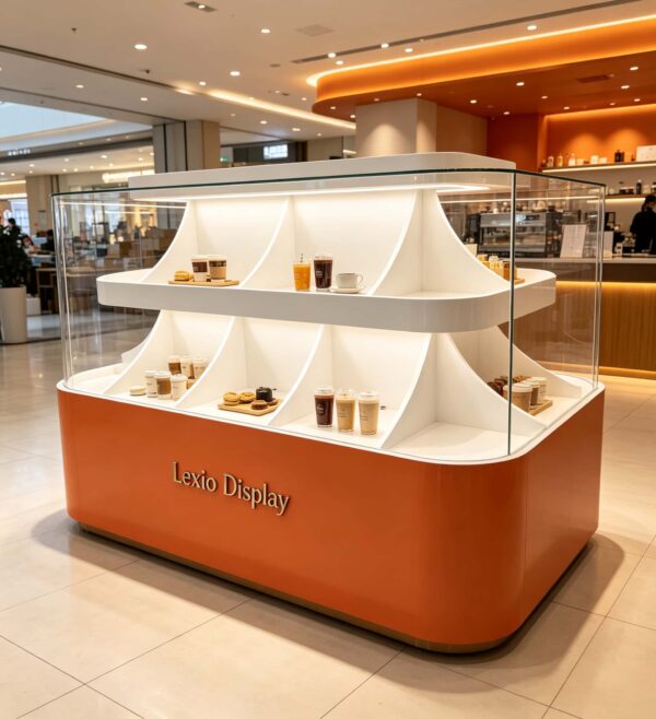 retail display stands (11) Orange white glossy two-tier curved sector divided island display cabinet with clear glass Lexio Display for café bakery beverage retail mall showcase