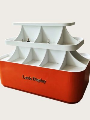 retail display stands (12) Orange white glossy two-tier curved sector divided island display cabinet with clear glass Lexio Display for café bakery beverage retail mall showcase