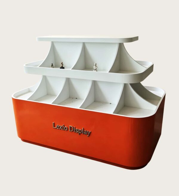 retail display stands (12) Orange white glossy two-tier curved sector divided island display cabinet with clear glass Lexio Display for café bakery beverage retail mall showcase