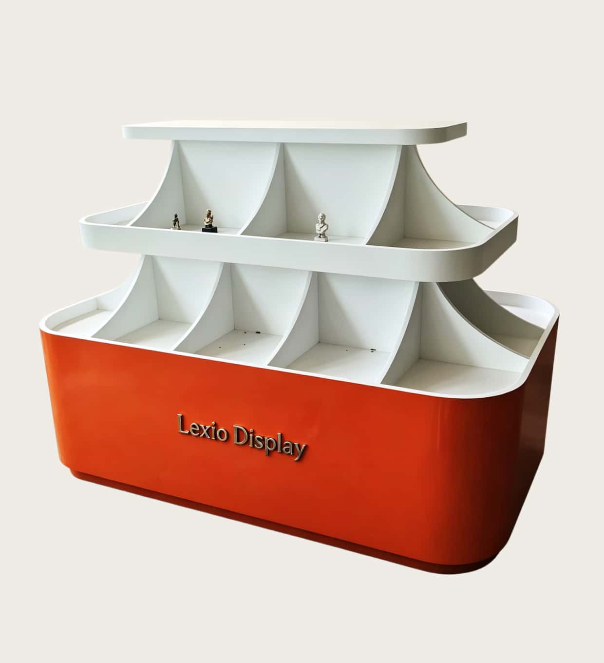 Orange white glossy two-tier curved sector divided island display cabinet with clear glass Lexio Display for café bakery beverage retail mall showcase