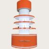 retail display stands (13) Custom Tall Orange White Cylindrical Display Stand Multi-Tier Circular Shelves Built-In LED Lighting Freestanding Mall Atrium Retail Pop-Up Showcase