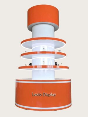 retail display stands (13) Custom Tall Orange White Cylindrical Display Stand Multi-Tier Circular Shelves Built-In LED Lighting Freestanding Mall Atrium Retail Pop-Up Showcase