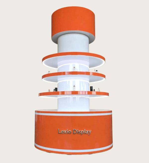 retail display stands (13) Custom Tall Orange White Cylindrical Display Stand Multi-Tier Circular Shelves Built-In LED Lighting Freestanding Mall Atrium Retail Pop-Up Showcase