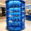 retail display stands (13) Glossy blue cylindrical grid display cabinet with multi-tier curved shelves and built-in LED lighting Lexio Display for café beverage mall retail showcase
