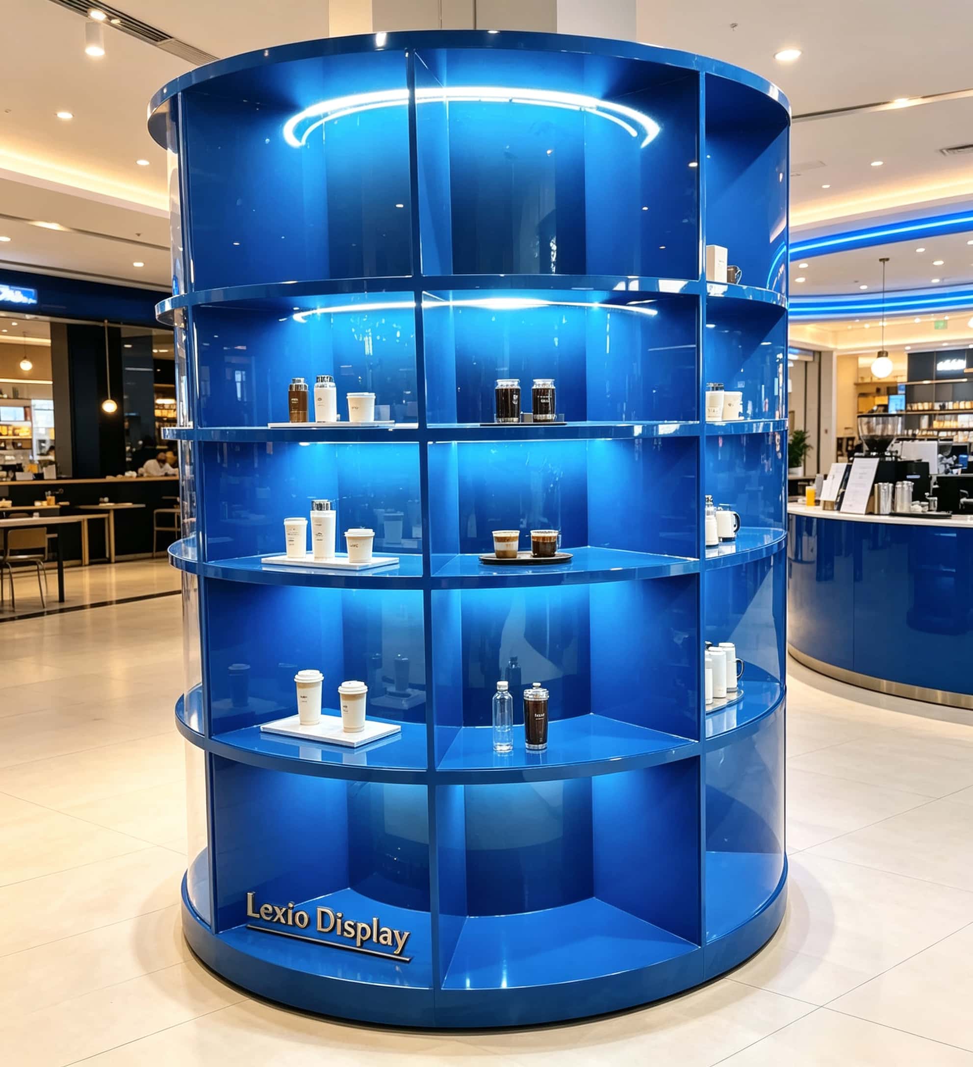 Glossy blue cylindrical grid display cabinet with multi-tier curved shelves and built-in LED lighting Lexio Display for café beverage mall retail showcase