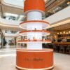 retail display stands (14) Custom Tall Orange White Cylindrical Display Stand Multi-Tier Circular Shelves Built-In LED Lighting Freestanding Mall Atrium Retail Pop-Up Showcase