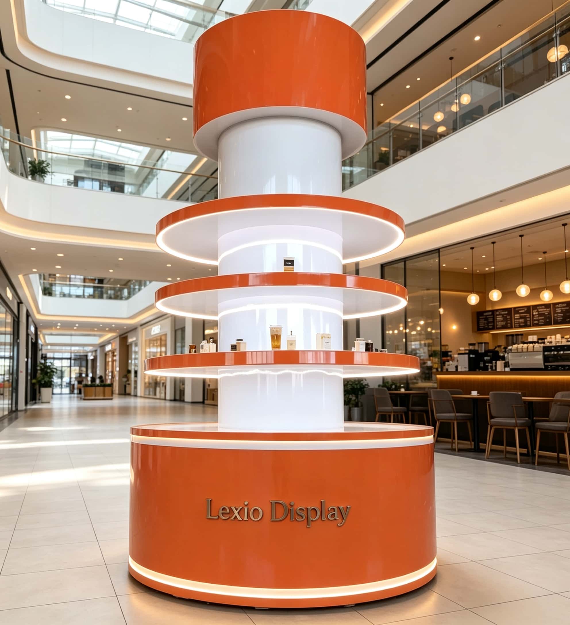 Custom Tall Orange White Cylindrical Display Stand Multi-Tier Circular Shelves Built-In LED Lighting Freestanding Mall Atrium Retail Pop-Up Showcase