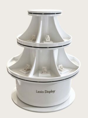 retail display stands (14) White glossy two-tier flared sector divided round jewelry display island stand Lexio Display for luxury jewelry watch boutique mall retail exhibition