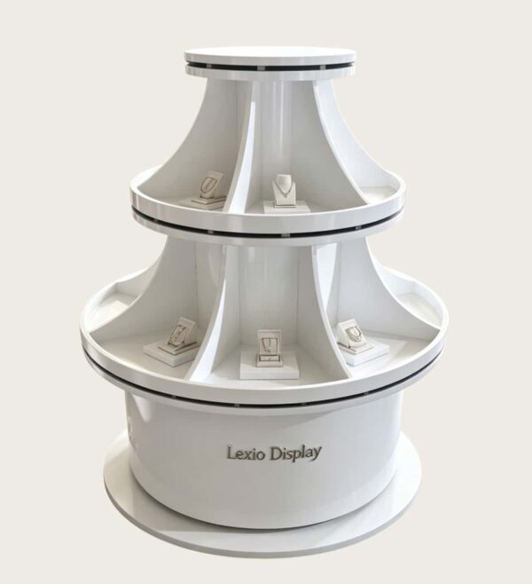 retail display stands (14) White glossy two-tier flared sector divided round jewelry display island stand Lexio Display for luxury jewelry watch boutique mall retail exhibition