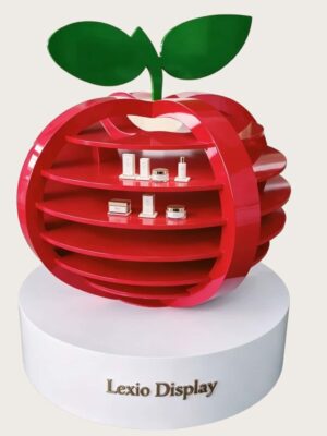 retail display stands (15) Gloss red creative apple shaped multi-tier retail display stand with green leaf decoration white round base Lexio Display for cosmetic beverage mall pop-up showcase