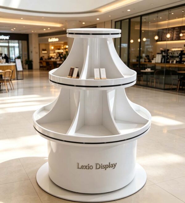 retail display stands (15) White glossy two-tier flared sector divided round jewelry display island stand Lexio Display for luxury jewelry watch boutique mall retail exhibition