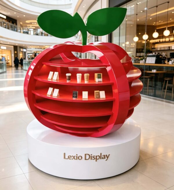 Custom Gloss Red Apple Sculpture Display Stand Multi-Layer Open Shelves With Leaf Decor White Round Base For Cosmetic Beverage Brand Shopping Mall Exhibition Pop-Up