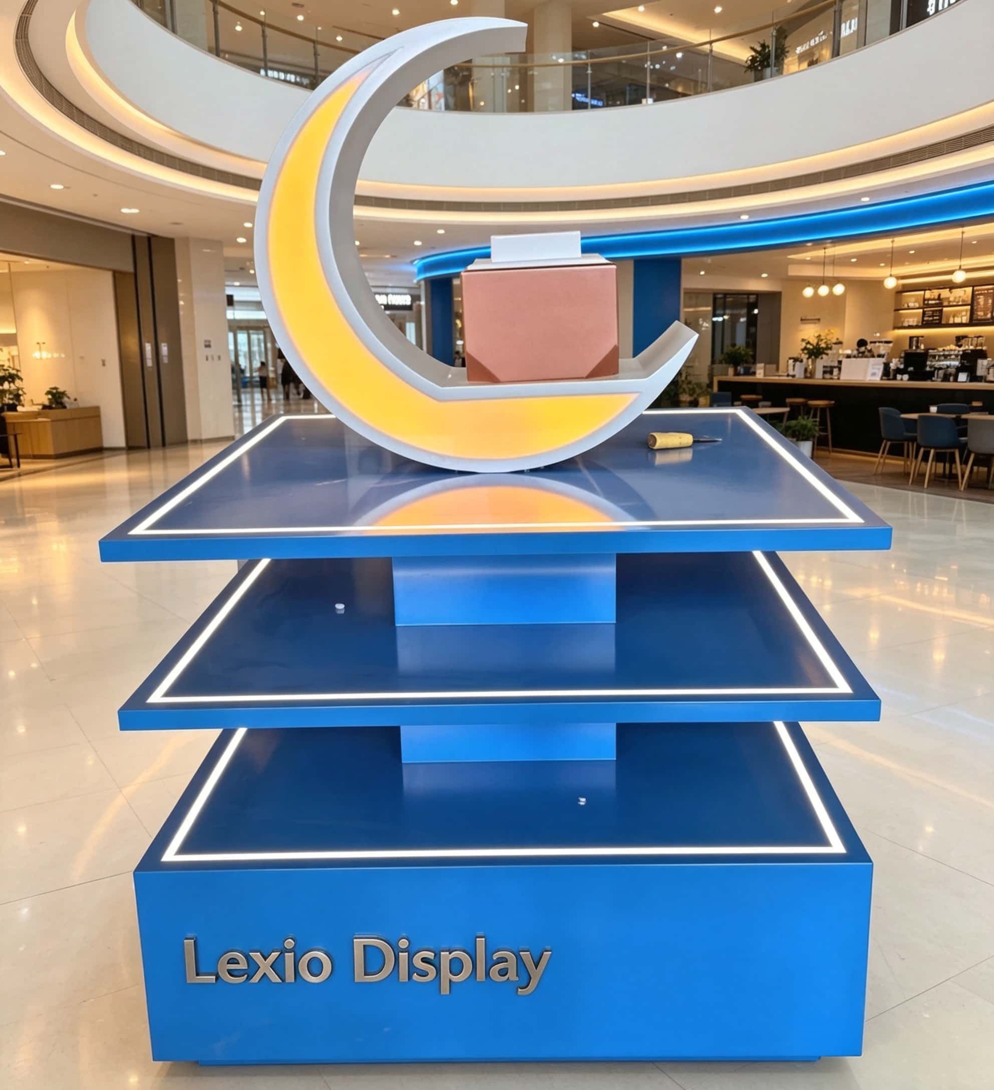 Blue three-tier LED edge lighted retail island display stand with illuminated crescent decor Lexio Display for shopping mall pop-up and product promotion