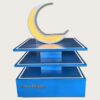 Blue three-tier LED edge lighted retail island display stand with illuminated crescent decor Lexio Display for shopping mall pop-up and product promotion
