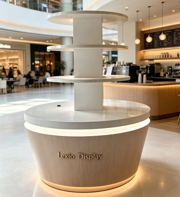 Four-tier round retail display stand wood grain tapered base with warm LED lighting white shelves Lexio Display for café bakery and mall food retail