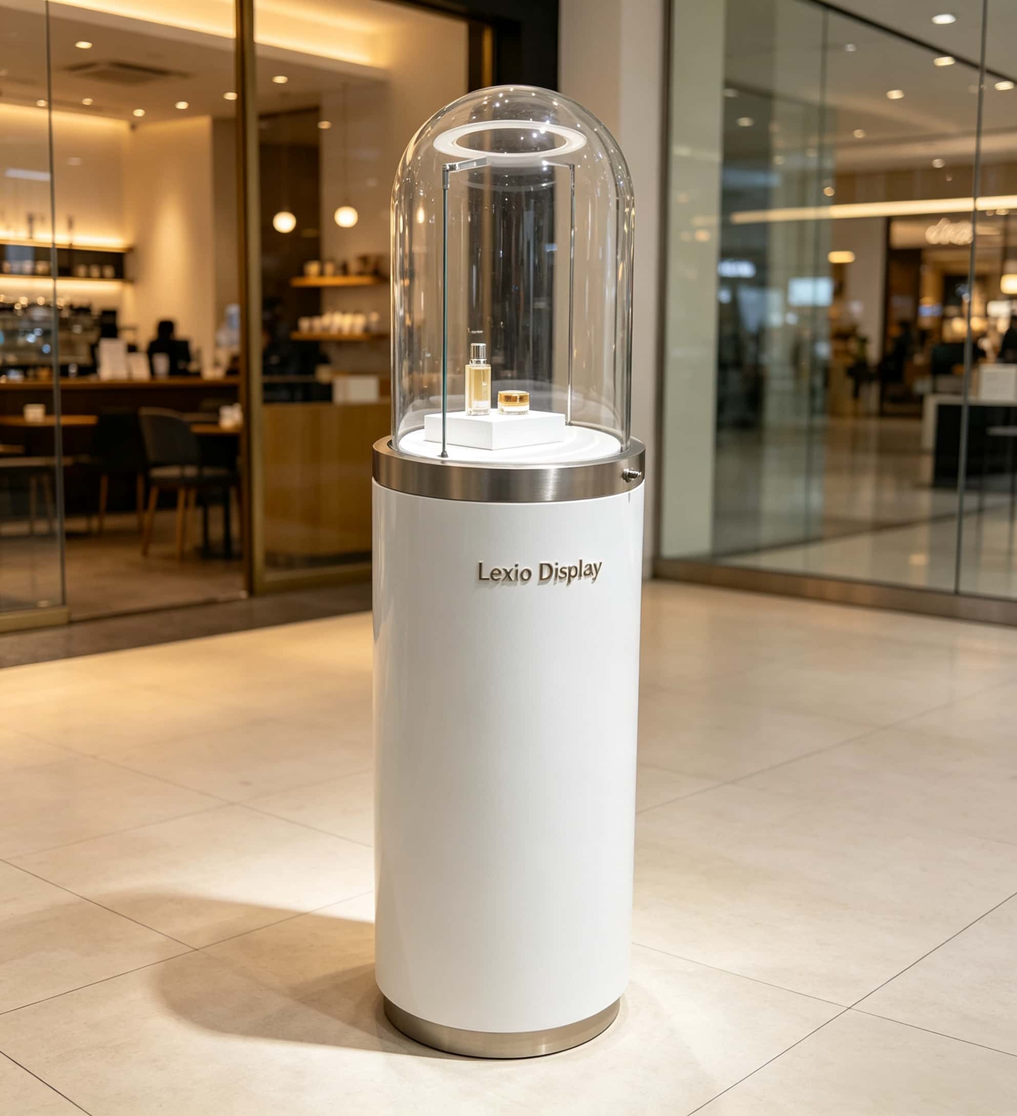 Luxury white cylindrical pedestal display stand with dome clear glass cover and built-in LED light, Lexio Display for perfume, jewellery and high-end cosmetic boutique