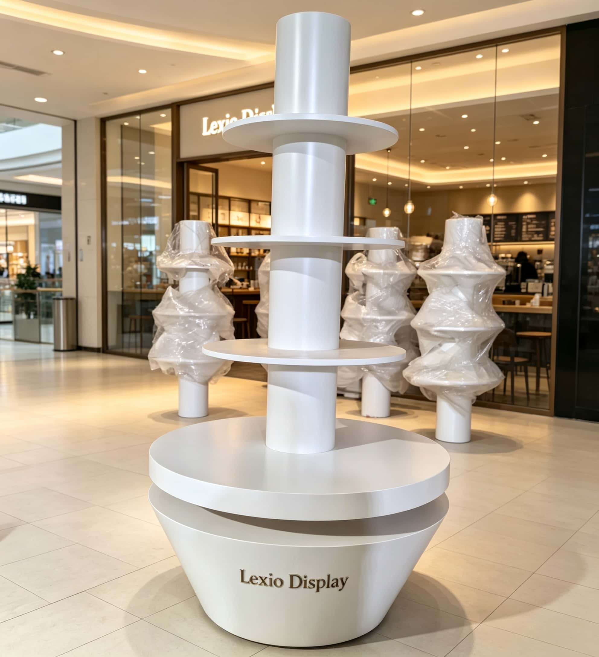 Minimalist all white four-tier cylindrical column retail display stand tapered base Lexio Display for retail store and mall pop-up product promotion