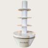 Minimalist all white four-tier cylindrical column retail display stand tapered base Lexio Display for retail store and mall pop-up product promotion