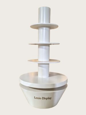retail display stands (20) Minimalist all white four-tier cylindrical column retail display stand tapered base Lexio Display for retail store and mall pop-up product promotion