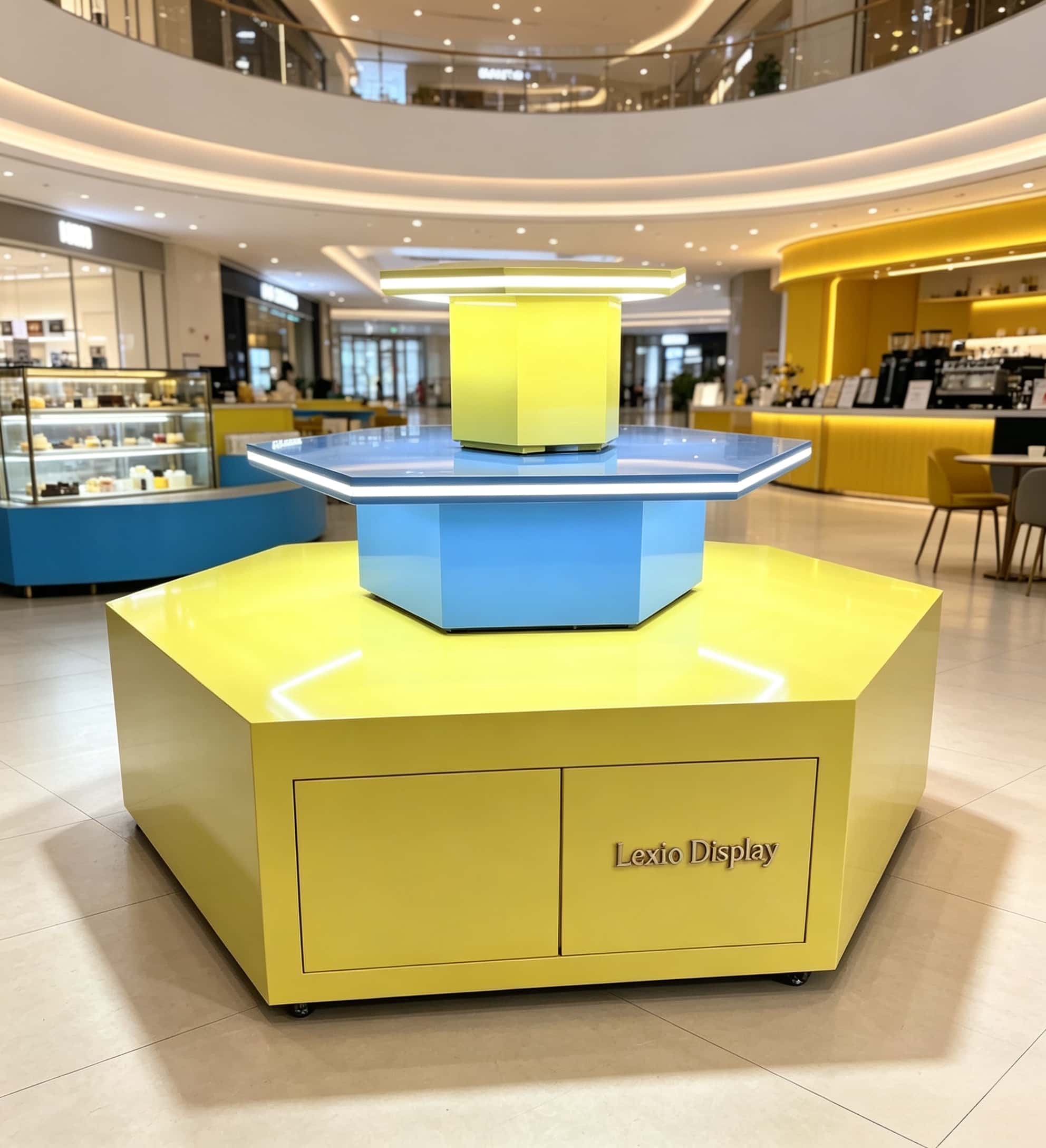 Hexagonal three-tier LED edge lighted island display stand glossy yellow blue with storage cabinet Lexio Display for shopping mall pop-up and product promotion